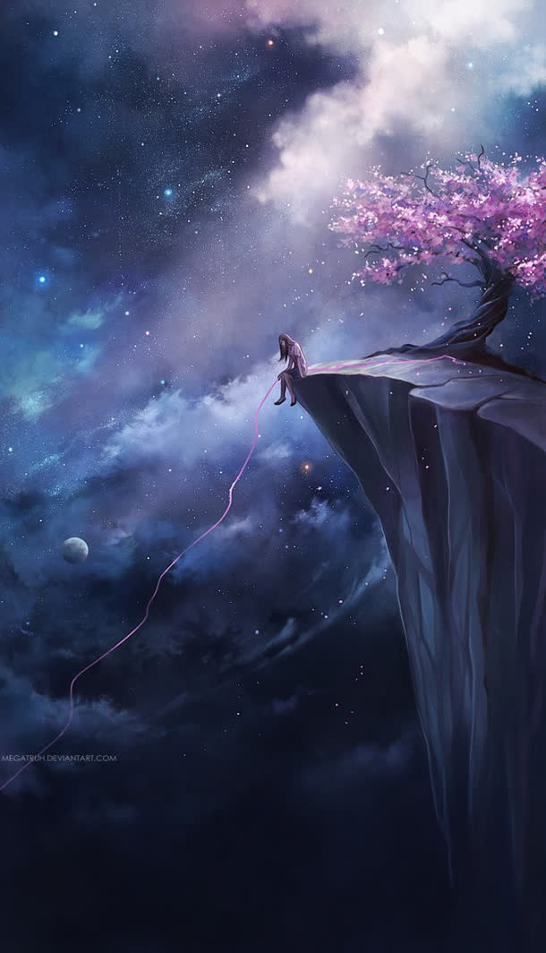 夜空星云粉色花树女孩动漫免抠