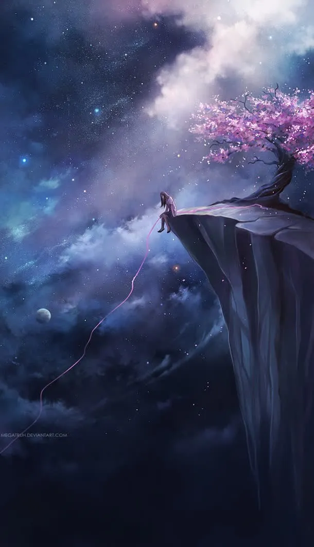 夜空星云粉色花树女孩动漫免抠