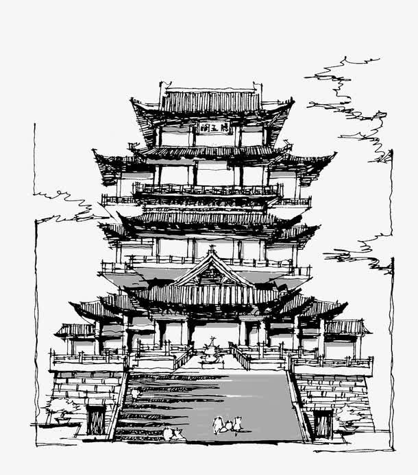 滕王阁黑白素描免抠