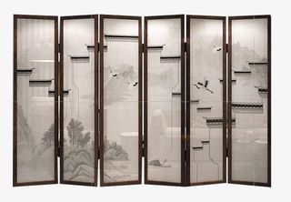 中式实木布艺落地屏风免抠