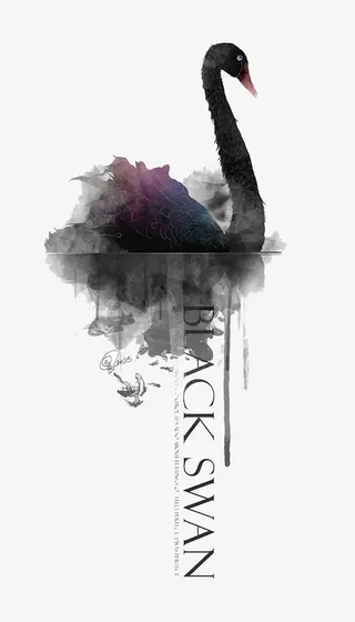 中国风毛笔水墨黑天鹅及倒影免抠