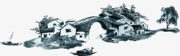 水墨古典村庄免抠