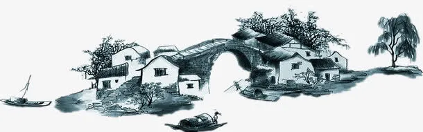 水墨古典村庄免抠