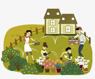 院子里浇水的一家人免抠