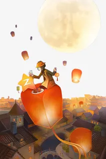 手绘万家灯火免抠