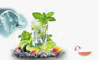 饮品简约蓝色海报免抠