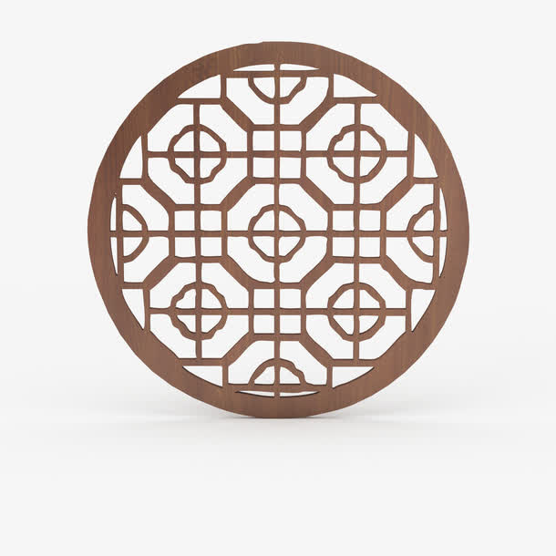 一个棕色中式镂空圆形窗免抠