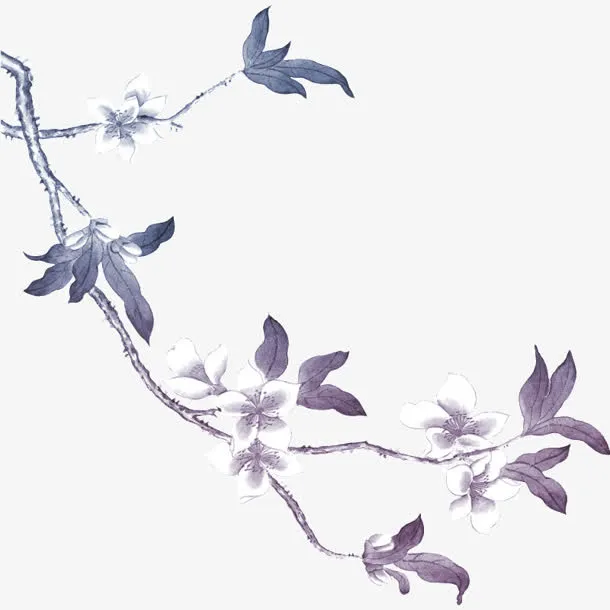 水墨蓝色花朵树枝免抠