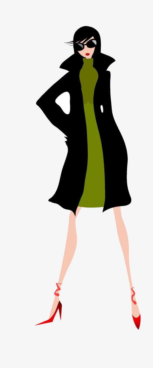 卡通人物穿黑色大衣女人免抠