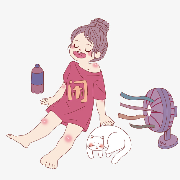 夏天在家中吹风扇喝饮料的女生插画PNG免抠