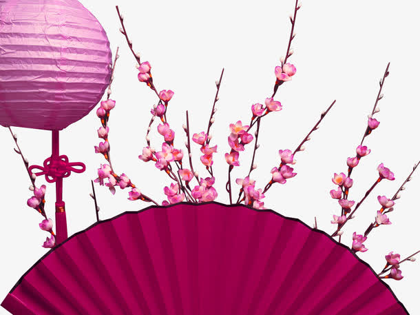 粉色中国风扇子花枝装饰图案免抠