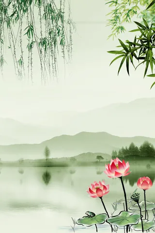 绿色水墨山水荷花海报高清