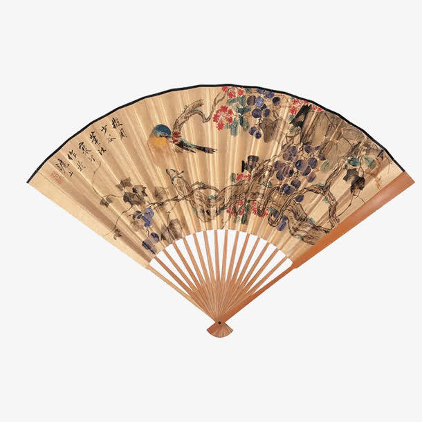 古典花鸟工笔画折扇免抠