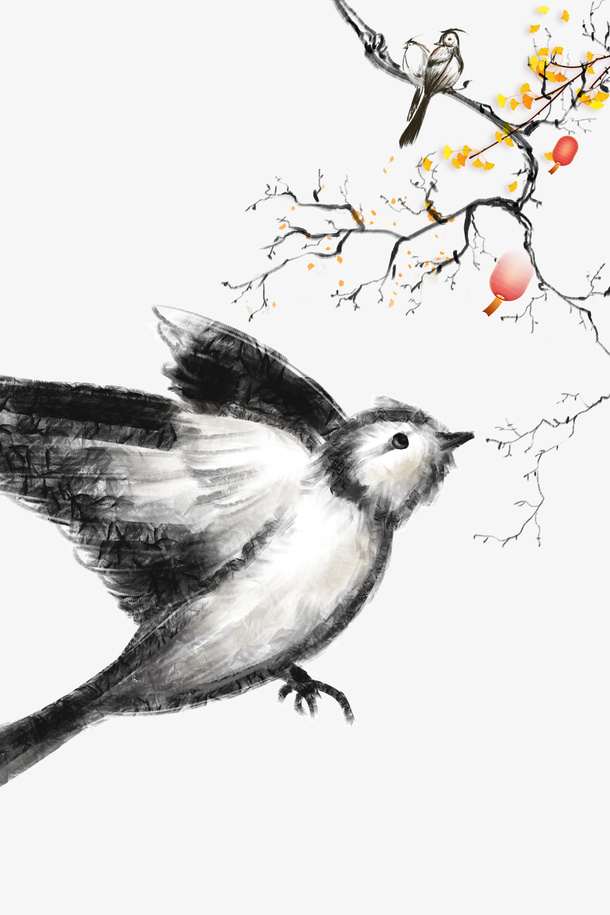 春天手绘鸟树枝叶子灯笼免抠