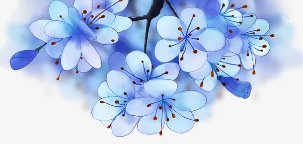 手绘装饰蓝色鲜花素材免抠