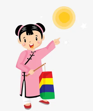 手绘挑灯笼的女孩免抠