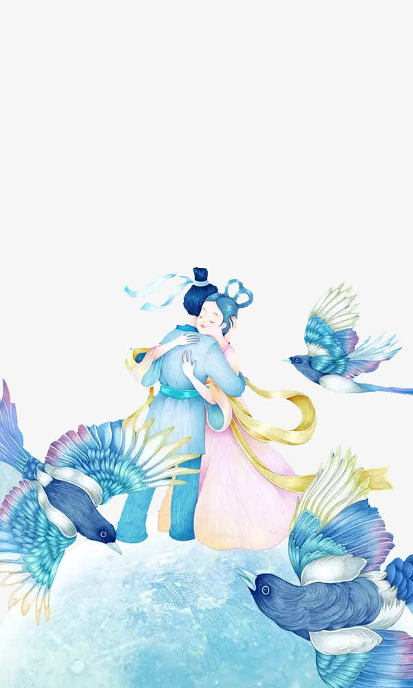 蓝色唯美七夕牛郎织女喜鹊免抠
