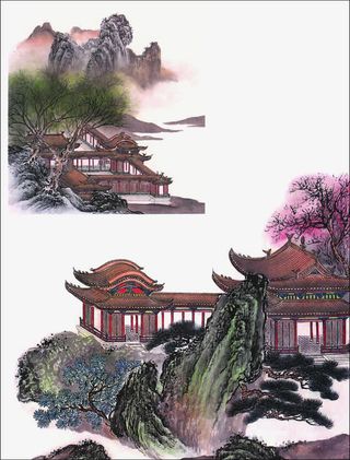 古代山水画柳树亭台免抠