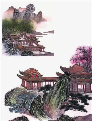 古代山水画柳树亭台免抠