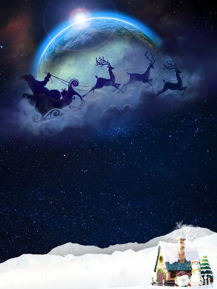 圣诞之夜星空驯鹿雪橇背景高清