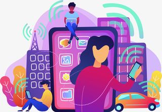 手绘插画风城市人物玩手机免抠