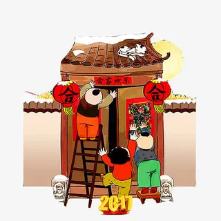 春节贴对联挂灯笼手绘画免抠