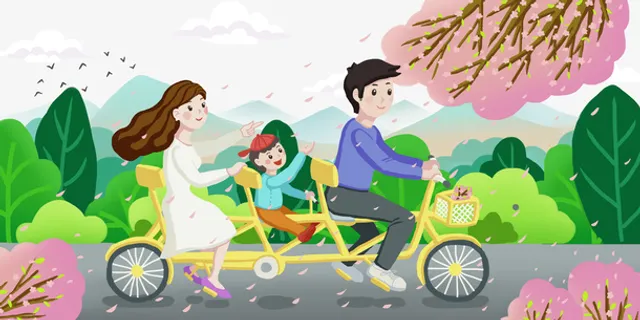 春天手绘人物单车樱花树木花瓣免抠手绘/卡通手绘元素