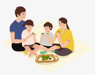 手绘人物插图一家人坐在草坪野餐免抠