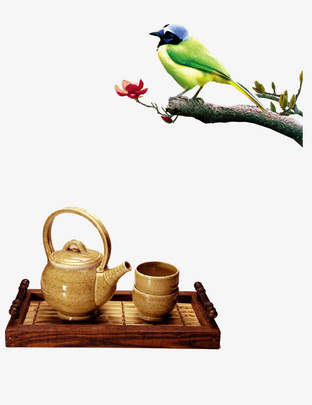 国学元素-茶机花鸟树枝免抠