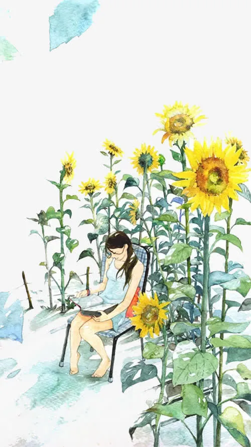 手绘少女与向日葵免抠