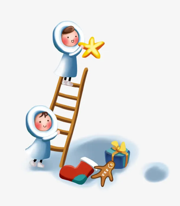 卡通圣诞节可爱小孩爬楼梯免抠