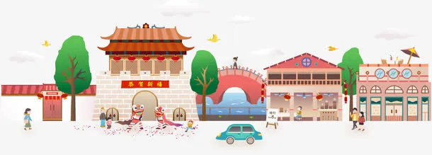 新春大街装饰手绘插画免抠