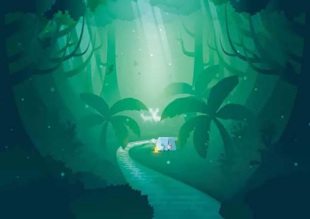 手绘绿色椰树曲折蜿蜒小路免抠