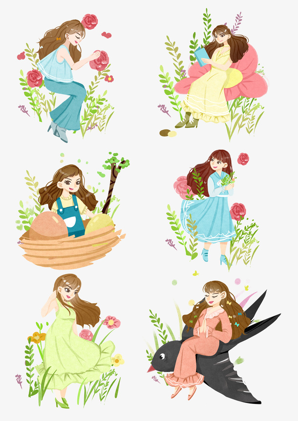 春分女孩花朵树叶船免抠其他元素