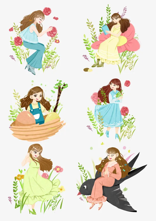 春分女孩花朵树叶船免抠其他元素