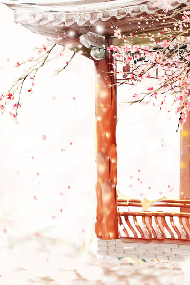 复古粉色桃花建筑免抠