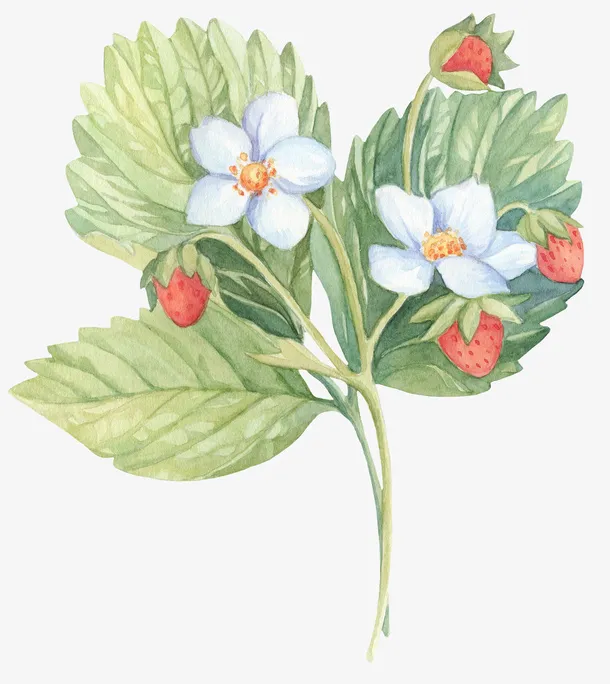 手绘草莓花草花朵果实免抠
