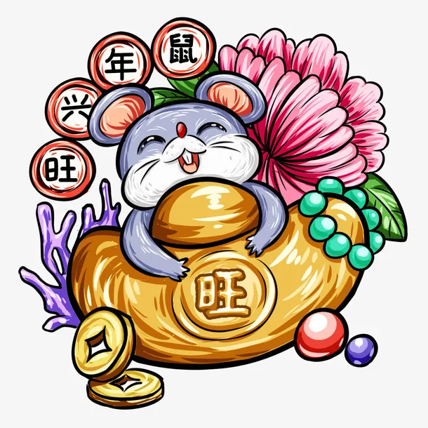 手绘国潮新年元素鼠免抠