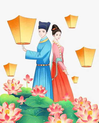 国潮古风情侣孔明灯免抠