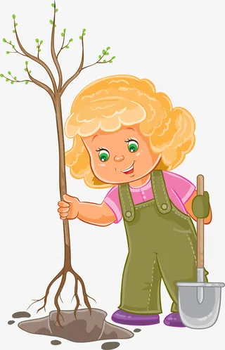 卡通植树女孩免抠