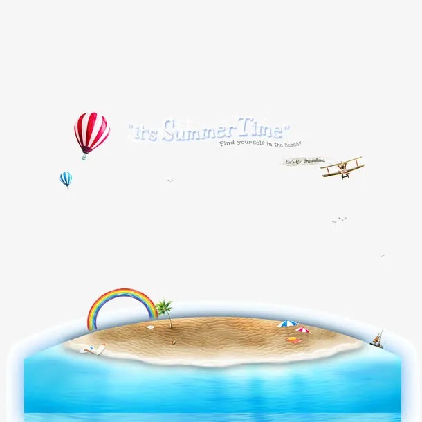 海 沙滩 彩虹 热气球 夏日免抠