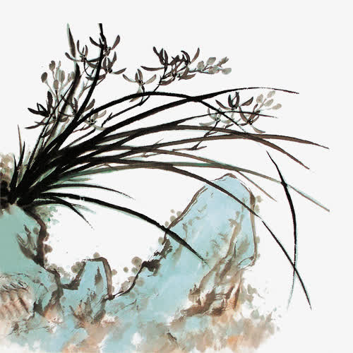 兰花巨石水墨画艺术品免抠