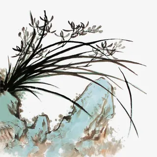兰花巨石水墨画艺术品免抠