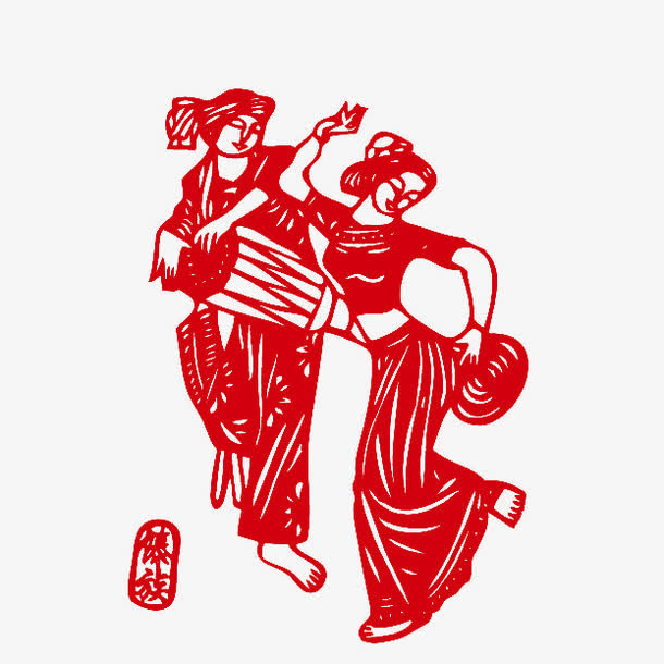 红色傣族人物剪纸免抠