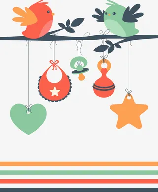 可爱树枝上彩色小鸟免抠