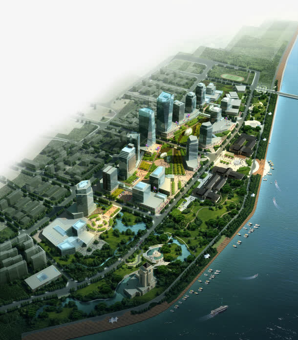 绿色城市边的蓝色海洋免抠