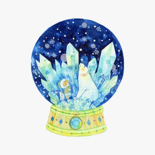 手绘蓝色梦幻北极熊水晶球免抠