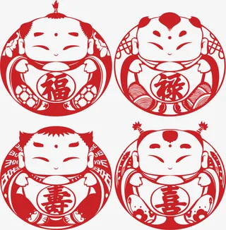 福禄寿喜 福娃 插画 素材免抠