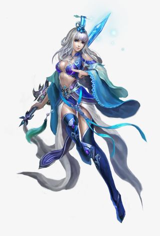 执剑的蓝衣美人古风手绘免抠