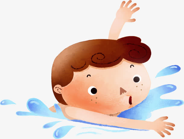 手绘大海里游泳折男生免抠
